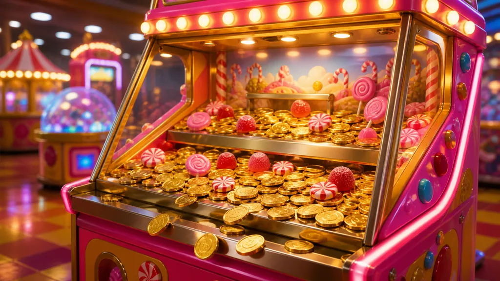 A candy-themed coin pusher cabinet, its shelf heaped with gold coins and sweets