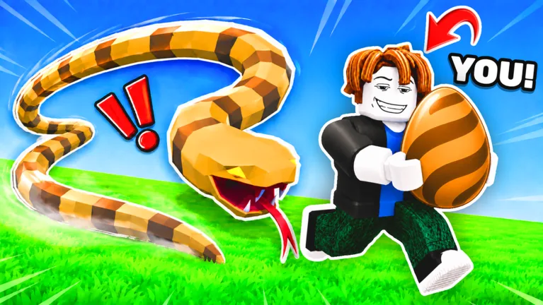 Official Steal An Egg artwork: a banded snake beside a nest on grass, and a player carrying a striped egg