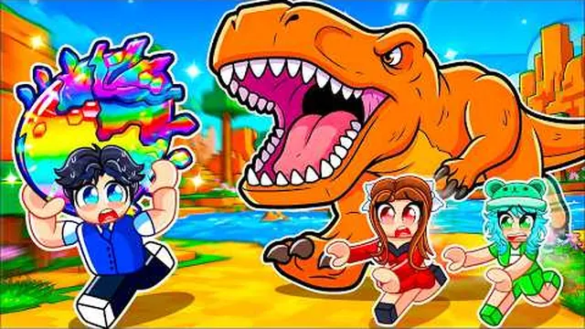Gameplay thumbnail: a tyrannosaur in the sand area beside players and a mutated egg